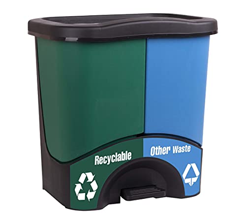 Mintra Home Trash Bins - (17.5inW x 17.5inH x 13inD) - Double Bin - Green/Blue - Recycle, Trash, Can, Bin, Garbage, Plastic, Wastebasket, Adjustable, Removable, Home, Office, Durable