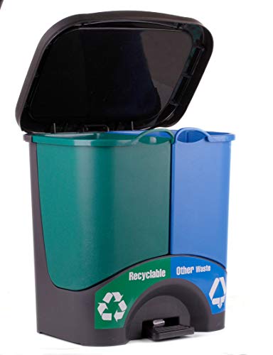 Mintra Home Trash Bins - (17.5inW x 17.5inH x 13inD) - Double Bin - Green/Blue - Recycle, Trash, Can, Bin, Garbage, Plastic, Wastebasket, Adjustable, Removable, Home, Office, Durable