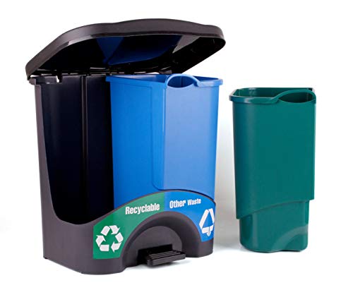 Mintra Home Trash Bins - (17.5inW x 17.5inH x 13inD) - Double Bin - Green/Blue - Recycle, Trash, Can, Bin, Garbage, Plastic, Wastebasket, Adjustable, Removable, Home, Office, Durable