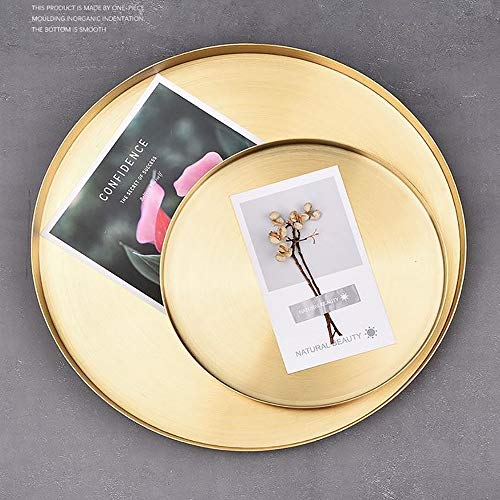 Polbecky Makeup Tray Gold,Large Metal Jewelry Decorative Tray Organizer Round for Vanity,Serving Tray for Drink,Breakfast,Tea,Dinner,11.81''(D) x1.1''(H) (Large)