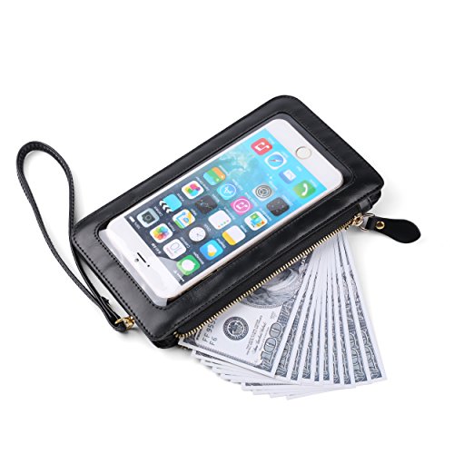 Small Crossbody Shoulder Bag Touch Screen Phone Pouch Case Leather Wristlets Clutch Wallet Purse for iPhone 11 Xs Max XR 8 Plus Galaxy Note10 Note9 S10e S10+ S9 Plus LG Stylo 4 V40 G8 G7 ThinQ(Black)