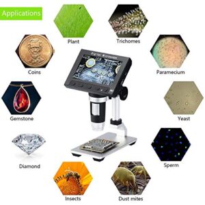 Vilihy LCD Digital Microscope, 4.3 inch 50X-1000X Magnification Zoom HD 1080P 5 Megapixels Compound 2000 mAh Battery USB Microscope 8 Adjustable LED Light Video Camera Microscope