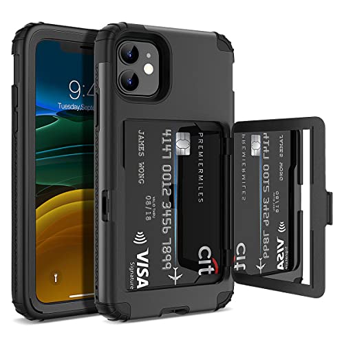 WeLoveCase iPhone 11 Wallet Case Defender Wallet Credit Card Holder Cover with Hidden Mirror Three Layer Shockproof Heavy Duty Protection All-Round Armor Protective Case for iPhone 11 Black