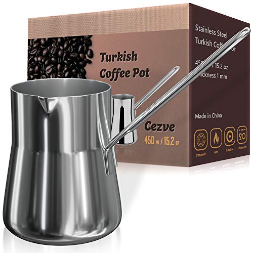 Turkish Coffee Pot - Stainless Steel Espresso Decanter - 15 oz Capacity - Warmer Milk - Greek Arabic Cezve Ibrik Briki Coffee Pot - Perfect Coffee Maker