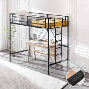 Bonnlo Metal Loft Bed with Stairs and Flat Rung, Junior Loft Bed Twin Size High Loft Bed for Kids/Teens/Adults, No Box Spring Required, Black