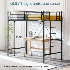 Bonnlo Metal Loft Bed with Stairs and Flat Rung, Junior Loft Bed Twin Size High Loft Bed for Kids/Teens/Adults, No Box Spring Required, Black