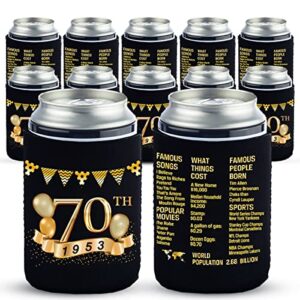 yangmics 70th birthday can cooler sleeves pack of 12- 1953 sign - 70th anniversary decorations - dirty 70th birthday party supplies - black and gold seventieth birthday cup coolers