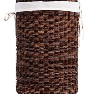 BirdRock Home Abaca Laundry Hamper with Liner - Round Clothes Bin with Lid - Organize Laundry - Cut-Out Handles for Easy Transport - Includes Machine Washable Canvas Liner (Espresso)