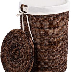 BirdRock Home Abaca Laundry Hamper with Liner - Round Clothes Bin with Lid - Organize Laundry - Cut-Out Handles for Easy Transport - Includes Machine Washable Canvas Liner (Espresso)