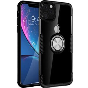 designed for iphone 11 pro max case 6.5 inch, carbon fiber design clear crystal anti-scratch case with 360 degree rotation ring kickstand(work with magnetic car mount) for iphone 11 pro max,black