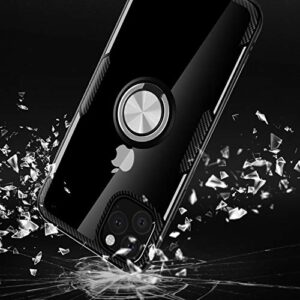 Designed for iPhone 11 Pro Max Case 6.5 inch, Carbon Fiber Design Clear Crystal Anti-Scratch Case with 360 Degree Rotation Ring Kickstand(Work with Magnetic Car Mount) for iPhone 11 Pro Max,Black