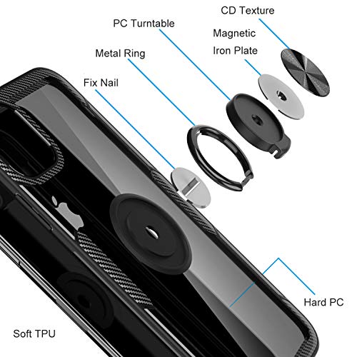 Designed for iPhone 11 Pro Max Case 6.5 inch, Carbon Fiber Design Clear Crystal Anti-Scratch Case with 360 Degree Rotation Ring Kickstand(Work with Magnetic Car Mount) for iPhone 11 Pro Max,Black