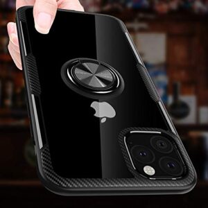 Designed for iPhone 11 Pro Max Case 6.5 inch, Carbon Fiber Design Clear Crystal Anti-Scratch Case with 360 Degree Rotation Ring Kickstand(Work with Magnetic Car Mount) for iPhone 11 Pro Max,Black