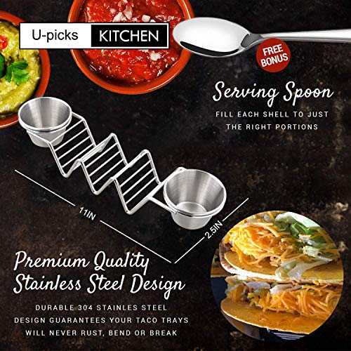 Upgrade Taco Shell Stand Up Holders- 2 Pack Premium Stainless Steel Taco Tray with 4 Salad Cups & 2 Spoons,Holds 3 Tacos Each Keeping Shells Upright & Neat