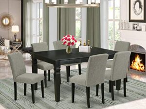east west furniture 7pc rectangular 42/60 inch dinette table with 18 in leaf and 6 parson chair with black leg and linen fabric shitake