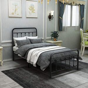 dumee metal twin bed frame with vintage headboard and footboard sturdy premium steel slat support no box spring needed, textured black
