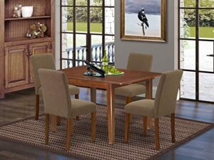 east west furniture 5pc rectangle 42/53.5 inch dinette table with 12 in leaf and four parson chair with mahogany leg and linen fabric coffee.
