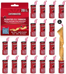 catchmaster fly ribbon 20pk, bug & fly traps for indoors and outdoors, premium sticky adhesive fruit fly & gnat hanging strips, bulk scented flying insect paper rolls, non toxic pest control for home
