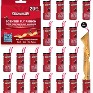 Catchmaster Fly Ribbon 20Pk, Bug & Fly Traps for Indoors and Outdoors, Premium Sticky Adhesive Fruit Fly & Gnat Hanging Strips, Bulk Scented Flying Insect Paper Rolls, Non Toxic Pest Control for Home