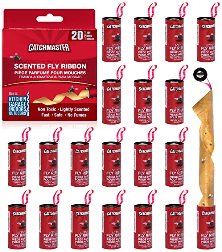 Catchmaster Fly Ribbon 20Pk, Bug & Fly Traps for Indoors and Outdoors, Premium Sticky Adhesive Fruit Fly & Gnat Hanging Strips, Bulk Scented Flying Insect Paper Rolls, Non Toxic Pest Control for Home