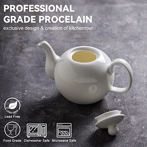 KitchenTour English Porcelain Tea pots -27oz for blooming&loose leaf, Fine Serving Ceramic Tea Pot with Upgraded Strainer Holes for Tea Party-White