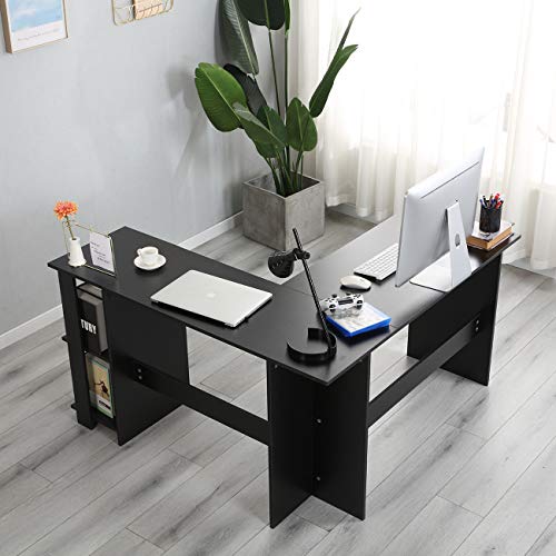 SogesHome Corner Desk L Shaped with Shelf Desk 51.2 x 51.2 inches Large Size Wood Computer Desk Home Office Desk L Desk, Black