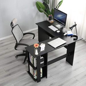 SogesHome Corner Desk L Shaped with Shelf Desk 51.2 x 51.2 inches Large Size Wood Computer Desk Home Office Desk L Desk, Black