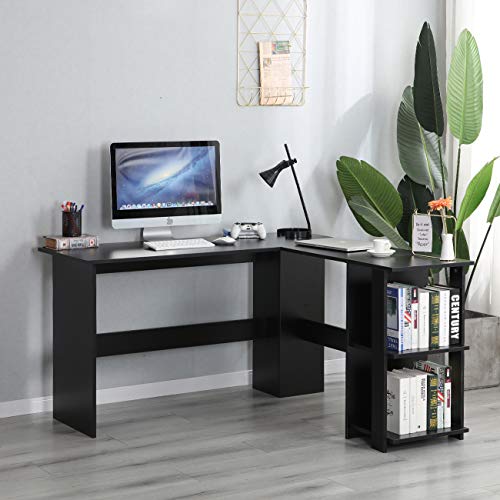 SogesHome Corner Desk L Shaped with Shelf Desk 51.2 x 51.2 inches Large Size Wood Computer Desk Home Office Desk L Desk, Black