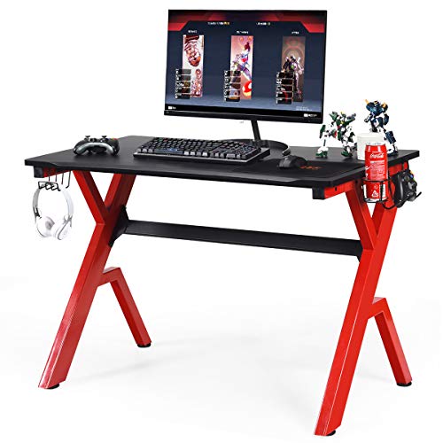 Tangkula Computer Desk Gaming Desk, Ergonomic Gamer Workstation with Cup & Headphone Holder Mouse Pad, Carbon Fiber Surface and R-Shape Steel Frame, Game Desk Gaming Workstation (Black & Red)