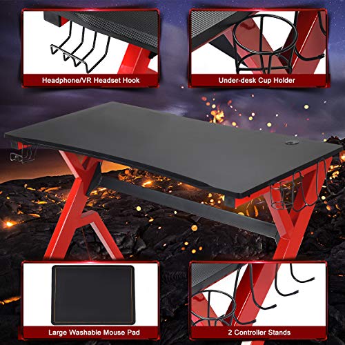 Tangkula Computer Desk Gaming Desk, Ergonomic Gamer Workstation with Cup & Headphone Holder Mouse Pad, Carbon Fiber Surface and R-Shape Steel Frame, Game Desk Gaming Workstation (Black & Red)