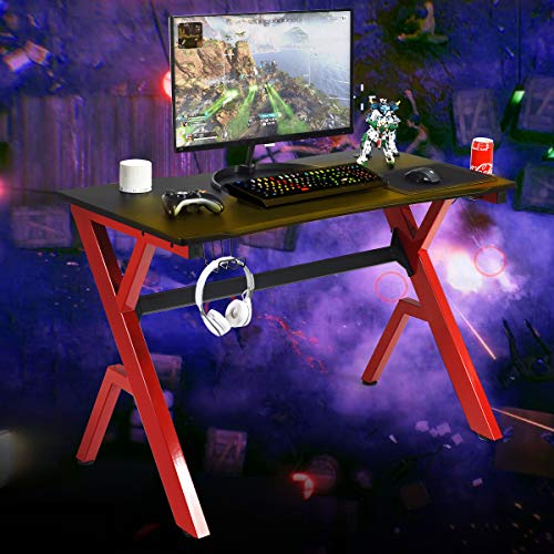 Tangkula Computer Desk Gaming Desk, Ergonomic Gamer Workstation with Cup & Headphone Holder Mouse Pad, Carbon Fiber Surface and R-Shape Steel Frame, Game Desk Gaming Workstation (Black & Red)