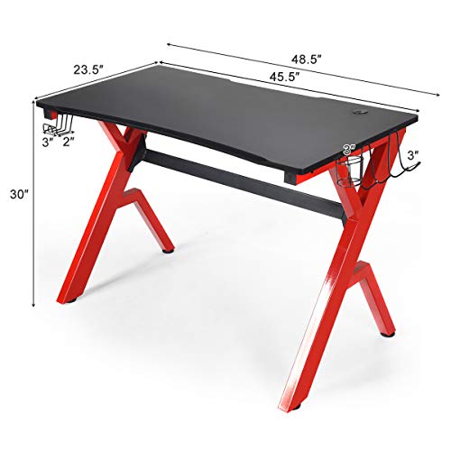 Tangkula Computer Desk Gaming Desk, Ergonomic Gamer Workstation with Cup & Headphone Holder Mouse Pad, Carbon Fiber Surface and R-Shape Steel Frame, Game Desk Gaming Workstation (Black & Red)