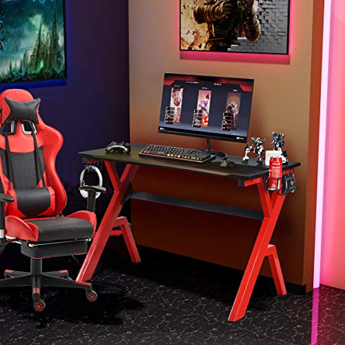 Tangkula Computer Desk Gaming Desk, Ergonomic Gamer Workstation with Cup & Headphone Holder Mouse Pad, Carbon Fiber Surface and R-Shape Steel Frame, Game Desk Gaming Workstation (Black & Red)