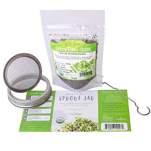 Organic Broccoli Sprout Growing Kit - Includes 316 Stainless Steel Sprouting Lid, Sprout Stand, and Organic Non-GMO Broccoli Sprouts Seeds - Complete Broccoli Sprout Kit by Handy Pantry & Trellis + Co