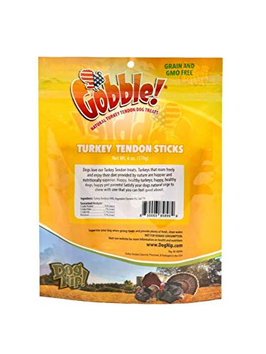 Gobble! 6-Inch Turkey Tendon for Dogs, Made in USA, 6 oz. (170g) Reseal Value Bags, All-Natural Hypoallergenic Dog Chew Treat |Sourced, Processed & Packaged in The USA | (Sticks (22-25 Pieces))