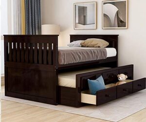 twin captain’s bed storage daybed with trundle and drawers for kids guests (espresso)