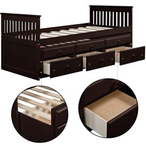 Twin Captain’s Bed Storage daybed with Trundle and Drawers for Kids Guests (Espresso)