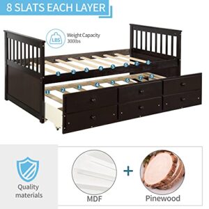 Twin Captain’s Bed Storage daybed with Trundle and Drawers for Kids Guests (Espresso)