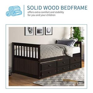 Twin Captain’s Bed Storage daybed with Trundle and Drawers for Kids Guests (Espresso)