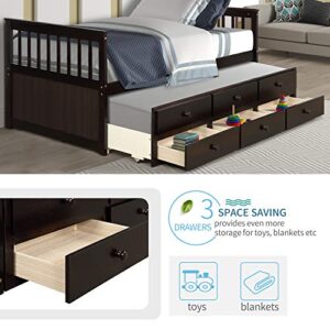 Twin Captain’s Bed Storage daybed with Trundle and Drawers for Kids Guests (Espresso)