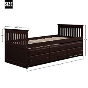 Twin Captain’s Bed Storage daybed with Trundle and Drawers for Kids Guests (Espresso)