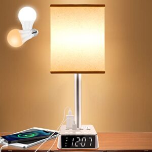 table lamp - bedside lamp with 4 usb ports and ac power outlets, alarm clock base w/ 6ft extension cord, square oatmeal fabric lampshade modern accent nightstand lamps for bedrooms living room