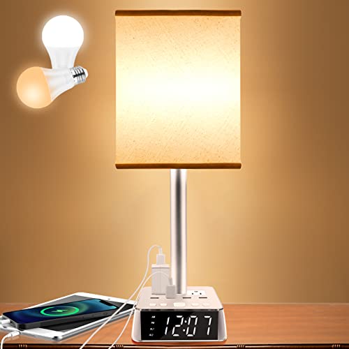 Table Lamp - Bedside Lamp with 4 USB Ports and AC Power Outlets, Alarm Clock Base w/ 6Ft Extension Cord, Square Oatmeal Fabric Lampshade Modern Accent Nightstand Lamps for Bedrooms Living Room