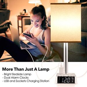 Table Lamp - Bedside Lamp with 4 USB Ports and AC Power Outlets, Alarm Clock Base w/ 6Ft Extension Cord, Square Oatmeal Fabric Lampshade Modern Accent Nightstand Lamps for Bedrooms Living Room