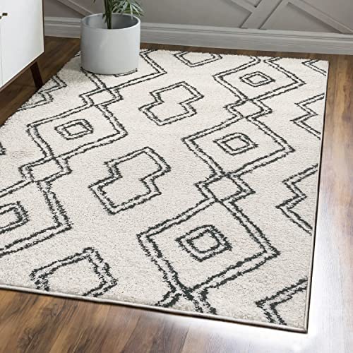 JONATHAN Y MOH401A-5 Deia Moroccan Style Diamond Shag Indoor Area-Rug Bohemian Geometric Easy-Cleaning Bedroom Kitchen Living Room Non Shedding, 5 X 8, White/Black