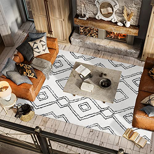 JONATHAN Y MOH401A-5 Deia Moroccan Style Diamond Shag Indoor Area-Rug Bohemian Geometric Easy-Cleaning Bedroom Kitchen Living Room Non Shedding, 5 X 8, White/Black