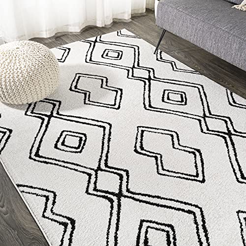 JONATHAN Y MOH401A-5 Deia Moroccan Style Diamond Shag Indoor Area-Rug Bohemian Geometric Easy-Cleaning Bedroom Kitchen Living Room Non Shedding, 5 X 8, White/Black