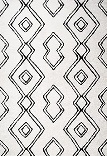 JONATHAN Y MOH401A-5 Deia Moroccan Style Diamond Shag Indoor Area-Rug Bohemian Geometric Easy-Cleaning Bedroom Kitchen Living Room Non Shedding, 5 X 8, White/Black