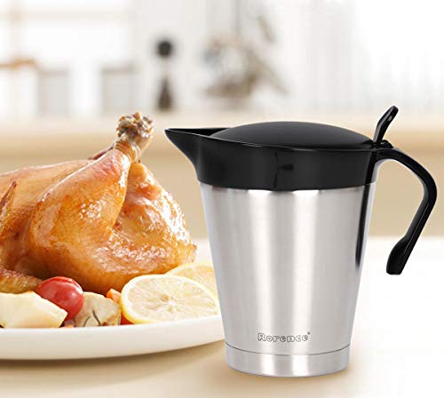 Rorence Stainless Steel Double Insulated Gravy Boat Sauce Jug with Hinged Lid for Thanksgiving Dinner - 32 Oz