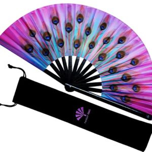 Fansay Fans - Large Bamboo Rave Festival Hand Fan for Women/Men - Big Folding Fan W/Velvet Bag - Festival Clothing, Rave Accessories, Clack Fan, LGBT Pride, Decoration, Gift (Peacock Candy)